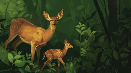 Wall Mural - Mother Deer and Fawn in Lush Forest.