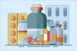 © FAHMI11 - Pharmaceutical care concept. Medicine icon set. Round pills and medicine bottles, and medicine in capsules. Prescribing medicine. Medicine and Pharmacy, Flat vector illustration on background.