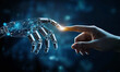 © Emmy Ljs - Artificial intelligence robot hand reaching out to touch the finger of human on a dark blue background, an AI and technology concept.