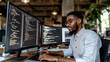 © Antto-AI - A focused software developer working on code with dual monitors in a office.