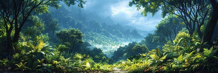 Sticker - Lush Green Forest Illustration with Misty Mountains and Sunbeams