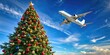 © Four888 - Vibrant Christmas tree stands tall beneath a clear blue sky, with a commercial airliner soaring overhead, conveying joy and festive holiday travel magic.