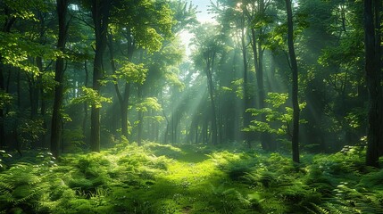 Poster - Forest Path with Sunlight Rays - Realistic Image