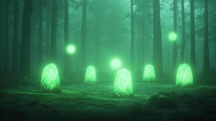 Wall Mural - Glowing green stones in foggy forest for eerie and mystical Halloween scene