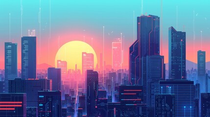 Wall Mural - Futuristic Smart Cyber City illustration: Innovative Urban Landscape, futuristic technology and cyber punk concept, Graphic Resources, Wallpapers, Brochure, Websites, banner, Advertising, background