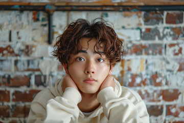 Thoughtful young man with curly hair against textured brick wall