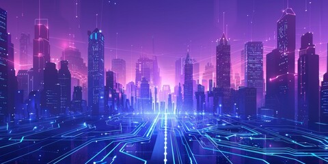 Wall Mural - Futuristic Smart Cyber City illustration: Innovative Urban Landscape, futuristic technology and cyber punk concept, Graphic Resources, Wallpapers, Brochure, Websites, banner, Advertising, background