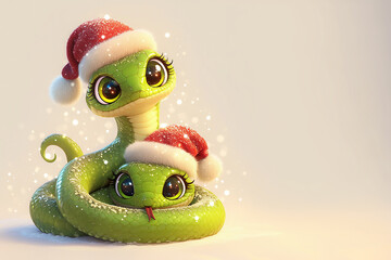 Canvas Print - 2025 Two green snakes wearing Santa hats are cuddling each other. The image has a festive and playful mood, as the snakes are dressed up in holiday attire