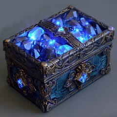 Wall Mural - Antique gold chest filled with glowing blue crystals, creating a magical and luxurious display.