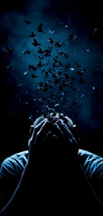 A dark and emotive scene depicting a person with hands on their head, as butterflies rise, representing thoughts and feelings.