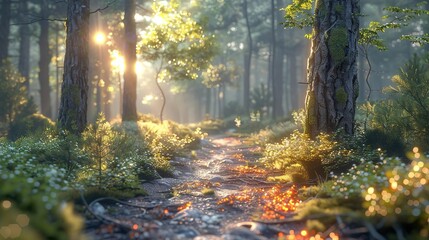 Sticker - Sunlit Forest Path 3D Illustration