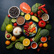 © Hevva - Healthy food, fruits and vegetables on dark background