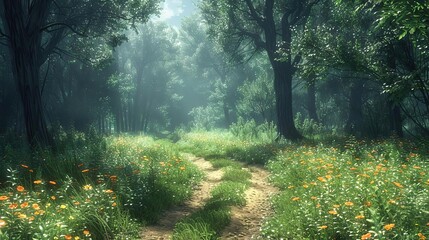 Poster - Forest Path With Flowers 3D Illustration