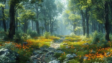 Poster - Sunlit Forest Path with Flowers - 3D Illustration