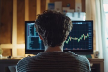 Wall Mural - Rear view of a young man sitting in front of a monitor with stock market data with generative ai