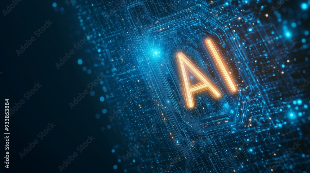 Glowing AI logo in a futuristic digital landscape with neon lights and ...