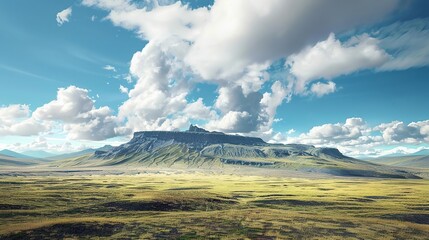 Sticker - Mountain Landscape with Green Field and Blue Sky - Realistic Image