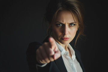 businesswoman pointing finger towards camera, copy space on dark backround