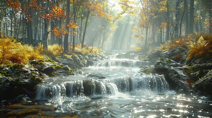 Sticker - Autumn Forest Stream with Sun Rays Illustration