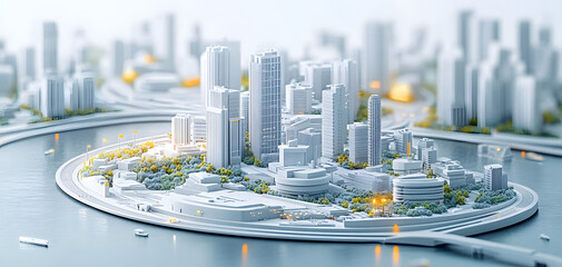 Wall Mural - 3D model of school buildings, Base Station, roads and water in white color on the background. The modern city has many highly detailed skyscrapers, greenery around. Generative AI.