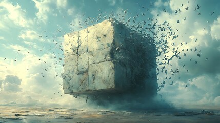 Canvas Print - A large, grey, stone cube levitates over a desolate landscape, surrounded by a flock of birds.