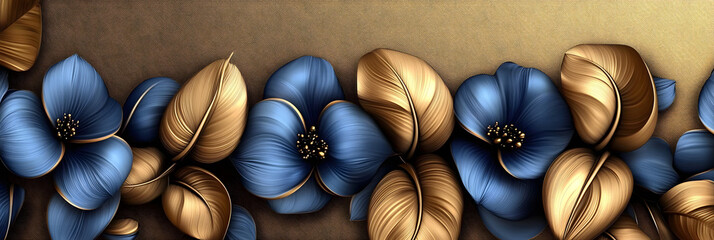 Wall Mural - Stunning 3D artwork of golden and dark floral designs on a golden background.