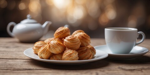 Turkish pastry and tea on a wooden table with copy space image.