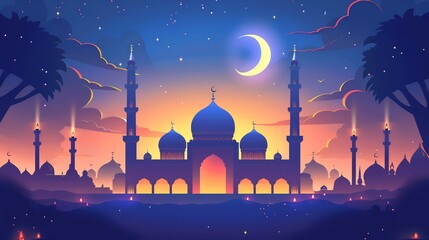 Mosque Silhouette Under a Crescent Moon and Stars