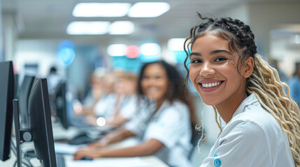 Poster - A group of people are sitting at a computer desk, smiling