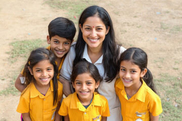 School teacher standing with students