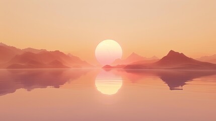 Wall Mural - A beautiful sunset over a calm lake with mountains in the background