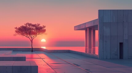 Wall Mural - A tree is in front of a building with a sunset in the background