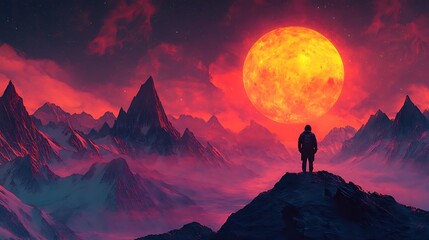 Canvas Print - A lone figure stands on a mountain peak, silhouetted against a massive red moon and a dramatic landscape of snow-capped peaks.