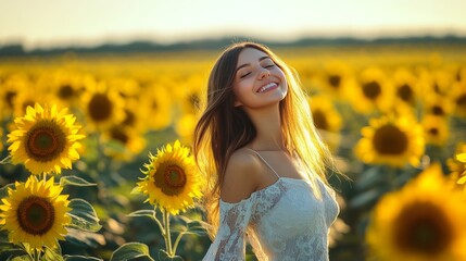 Gorgeous, sweet, sensual girl wearing a white dress strolling through a sunflower field, grinning broadly, with a cheerful demeanor, style, and lifestyle that make her perfect for advertising and phot