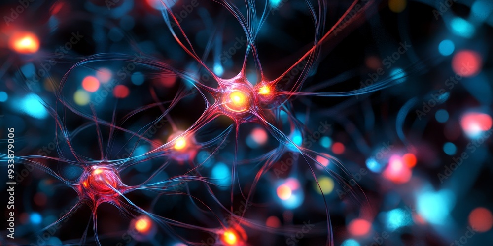 Abstract neural network design, glowing with vibrant light trails ...