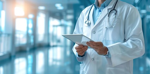 A doctor is holding a tablet in a hospital room