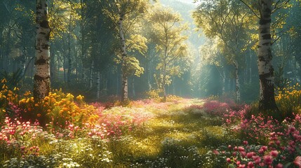 Poster - Sunlit Forest Path with Blooming Flowers 3D Illustration