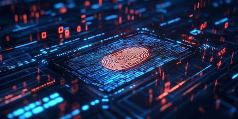 Holographic fingerprint scanner glowing softly in a dark digital space, surrounded by intricate security patterns and binary code