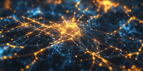 abstract neural network design, glowing with vibrant light trails connecting intricate nodes, repres