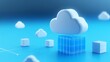 © Tackey - 3D illustration of cloud computing technology concept with floating clouds and data storage cubes on a blue background.