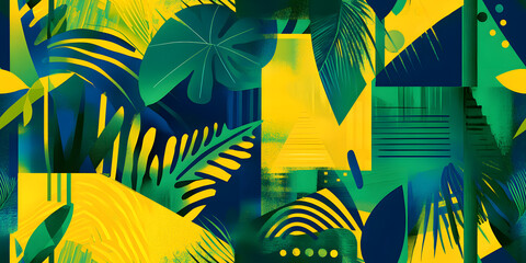 Poster - Brazilian-themed background featuring geometric shapes in vibrant green, yellow, and blue, abstract patterns and stylized element, tropical plants and natural textures.