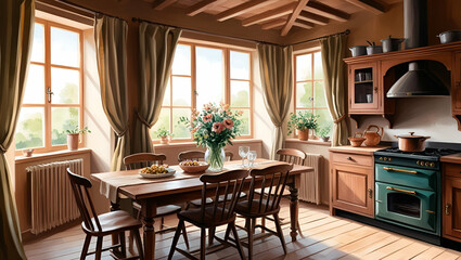 Wall Mural - A rustic home kitchen with a wooden dinner table and vintage cooking cabinet