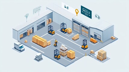 Isometric design of a warehouse with IoT technology guiding forklifts and trucks through the most efficient routes.