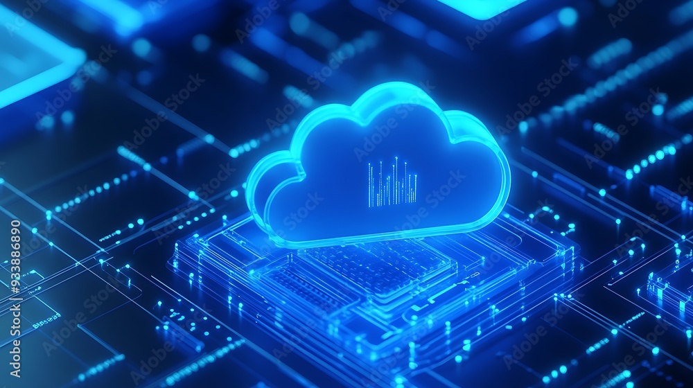 Digital cloud computing illustration showing data transfer on a ...