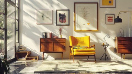 Wall Mural - A cozy sunlit living room enhanced with modern decor and beautiful green accents throughout the space