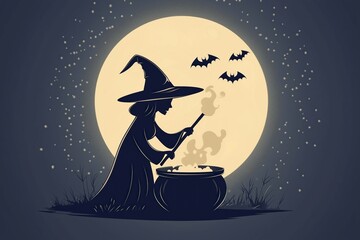 Silhouette of a witch stirring a cauldron under a full moon with bats flying in the night sky