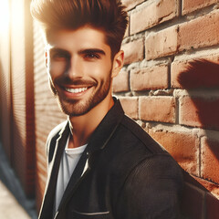 Photo Image Portrait of a Handsome Cool Nice Young Happy Cheerful Attractive Bearded Male Guy Man with Charismatic Smile & High Hair Wearing a Nice Jacket On the Street Against Brick Wall Background