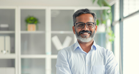 Confident happy smiling businessman standing in the office, man entrepreneur in shirt with glasses