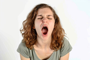 Portrait of a young Caucasian woman yawning, expressing tiredness and exhaustion in a candid moment