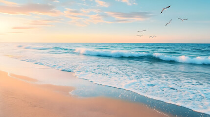 Poster - A high angle view of a pristine beach at dawn, with gentle waves and seagulls.